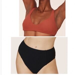 Andie Ribbed Bikini Set Delray Top‎ Black High Waisted Cheeky Bottoms M NWT
